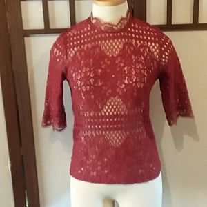 Zara russet lace high neckline short sleeve shirt M size